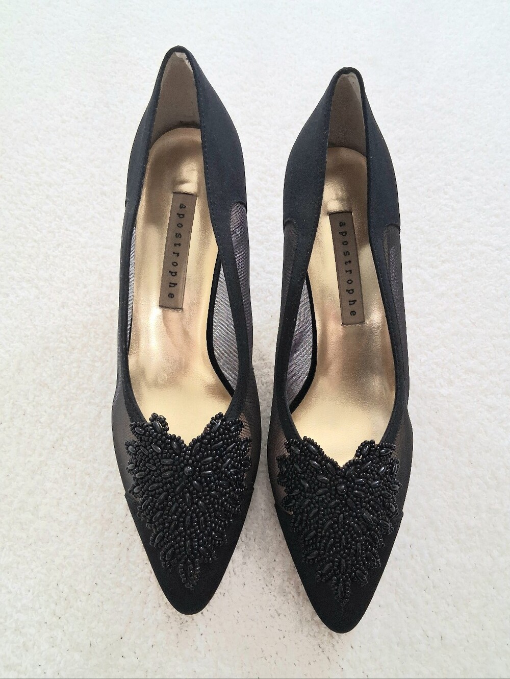 Vintage 90s Apostrophe Miranda Black Beaded Mesh Pumps Heels Size 7.5M Cocktail